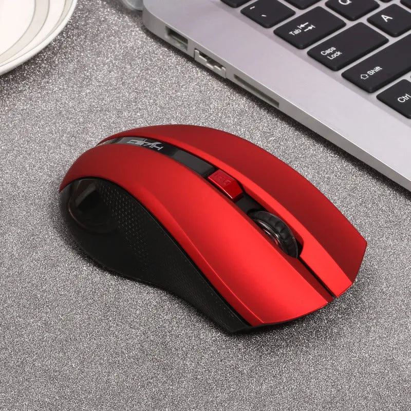 2.4G wireless optical ergonomic mouse in black with four-way scroll wheel for desktop computers