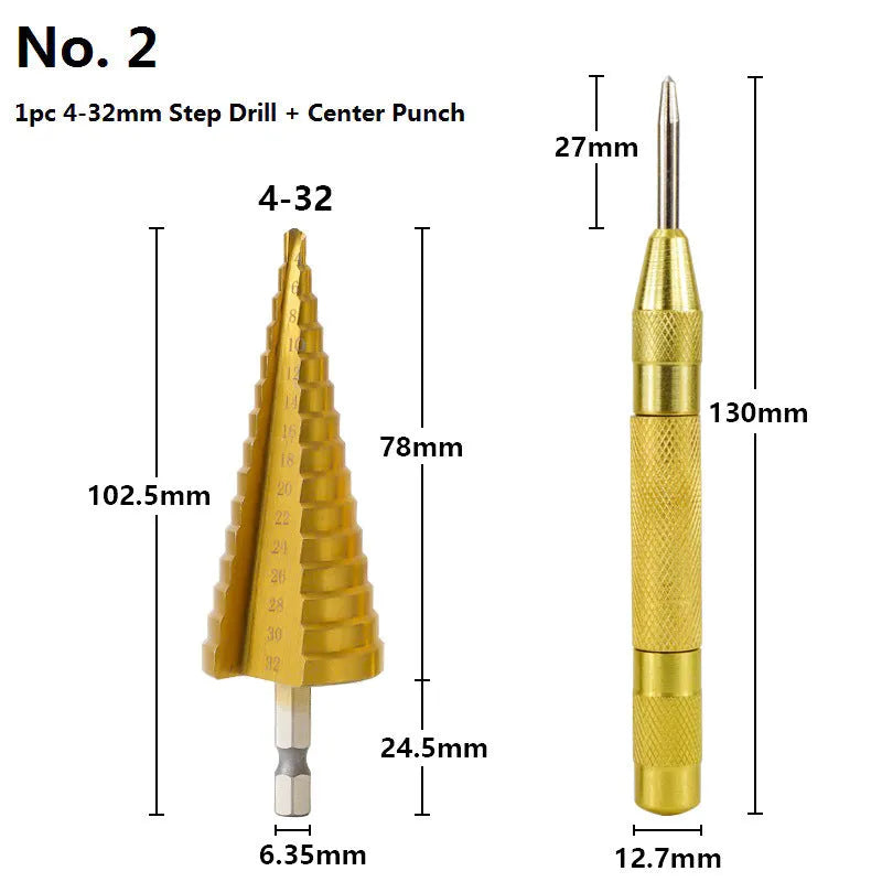 Step drill bit and centre punch set in high speed steel with colour-coded options for metalworking