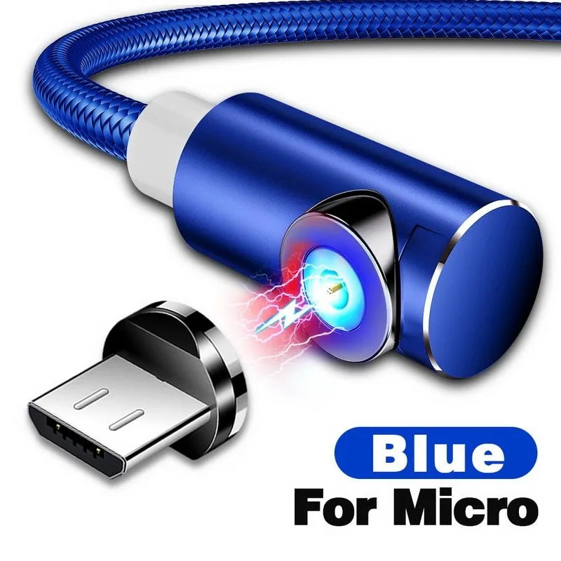 Black L-shaped magnetic charging cable with aluminium connectors for Micro USB, Lightning, and Type-C phones.