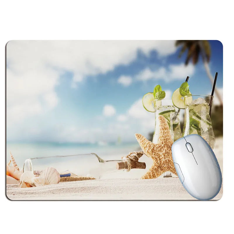 Rubber mouse pad with Wishing Bottle Summer Beach Holiday Wind design, available in 30x25cm size with non-slip base