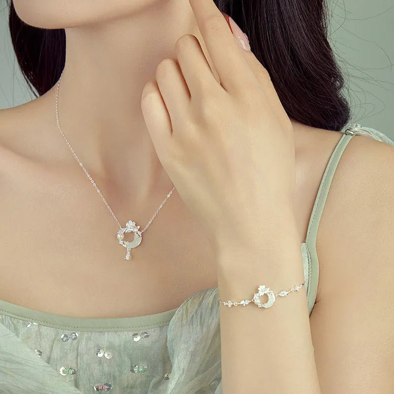 925 silver lotus moon pendant necklace with flower shape and adjustable O-ring chain on woman