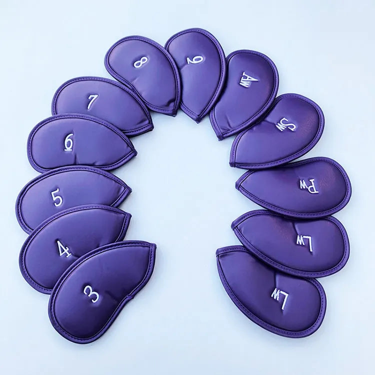 Set of 12 embroidered PU leather golf club head covers in assorted colours for iron protection