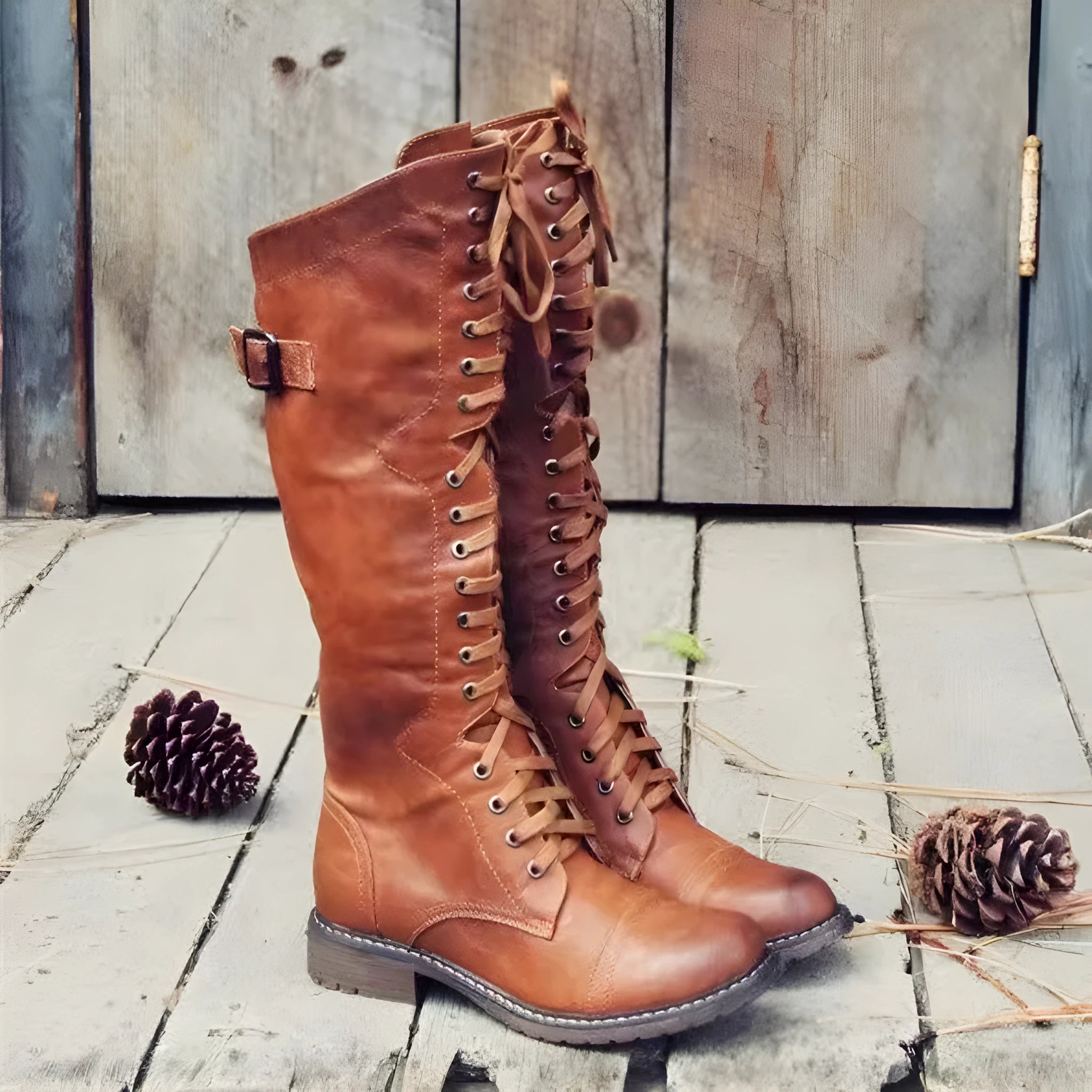 Women's black casual high leg boots with a chunky low heel and round toe on a plain background