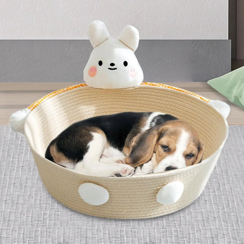 Woven cotton rope cat bed with scratching board surface, available in bear or rabbit styles.