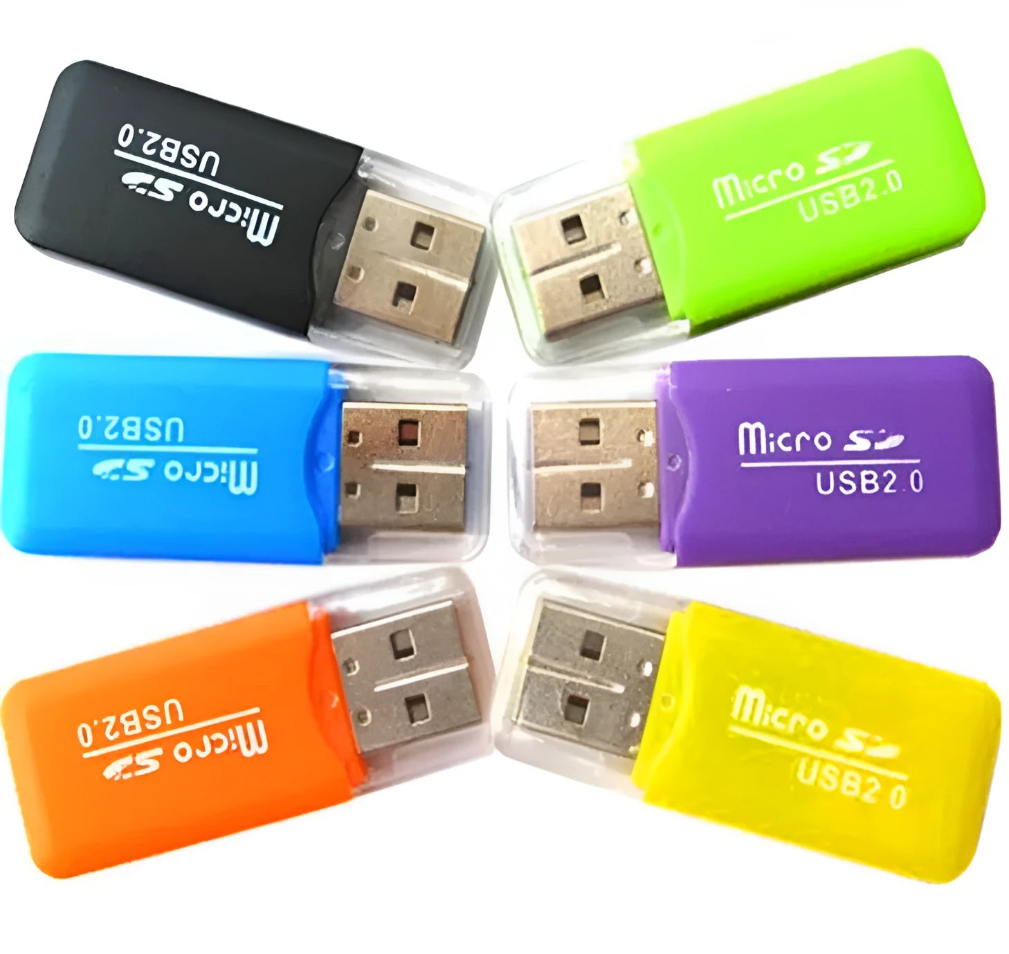 Mini USB TF and SD memory card reader on a white background