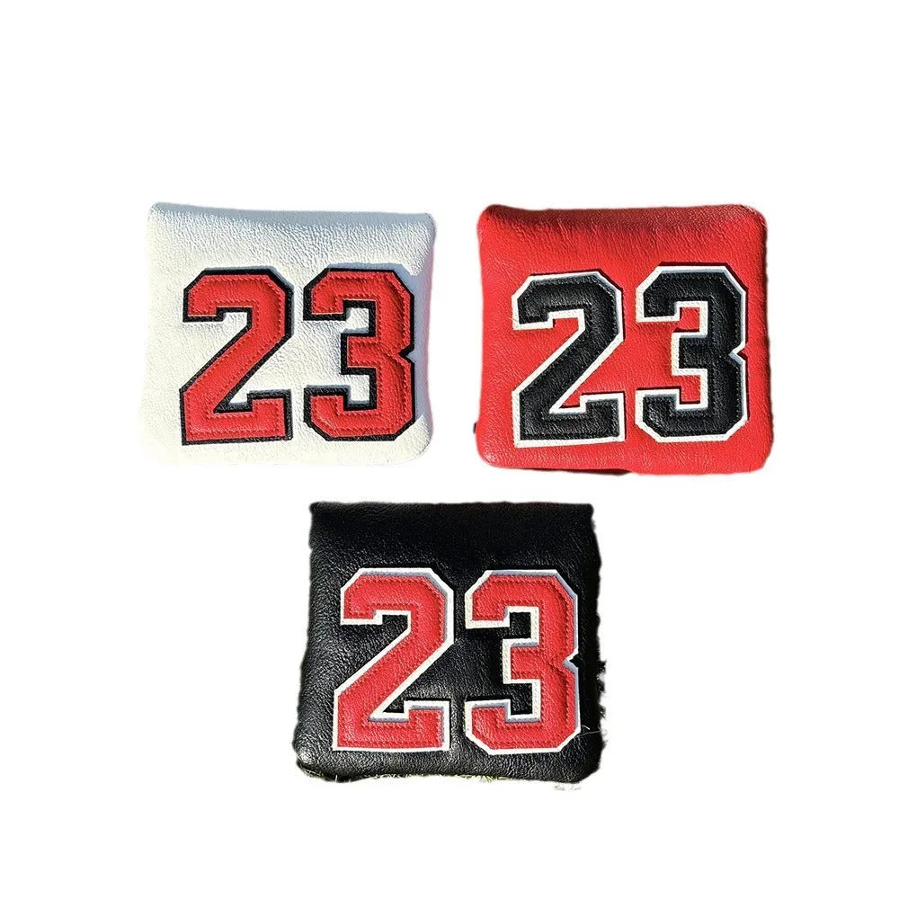 Ram No 1 golf club headcover set showing red, black, white, and yellow PU iron covers and a square putter sleeve.