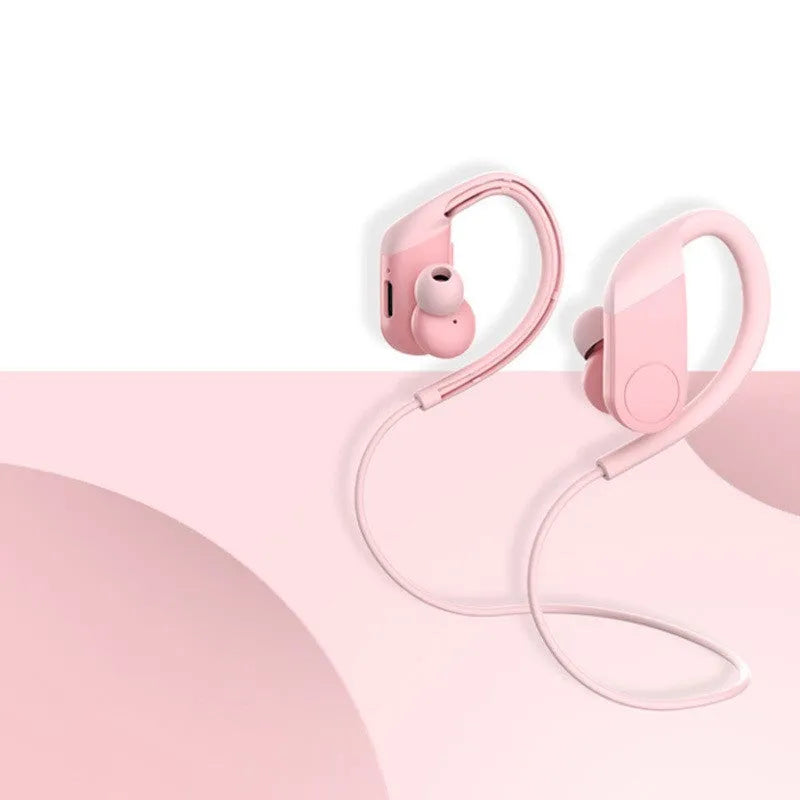 Wireless in-ear hanging Bluetooth headset in black with earbuds and neckband on white background
