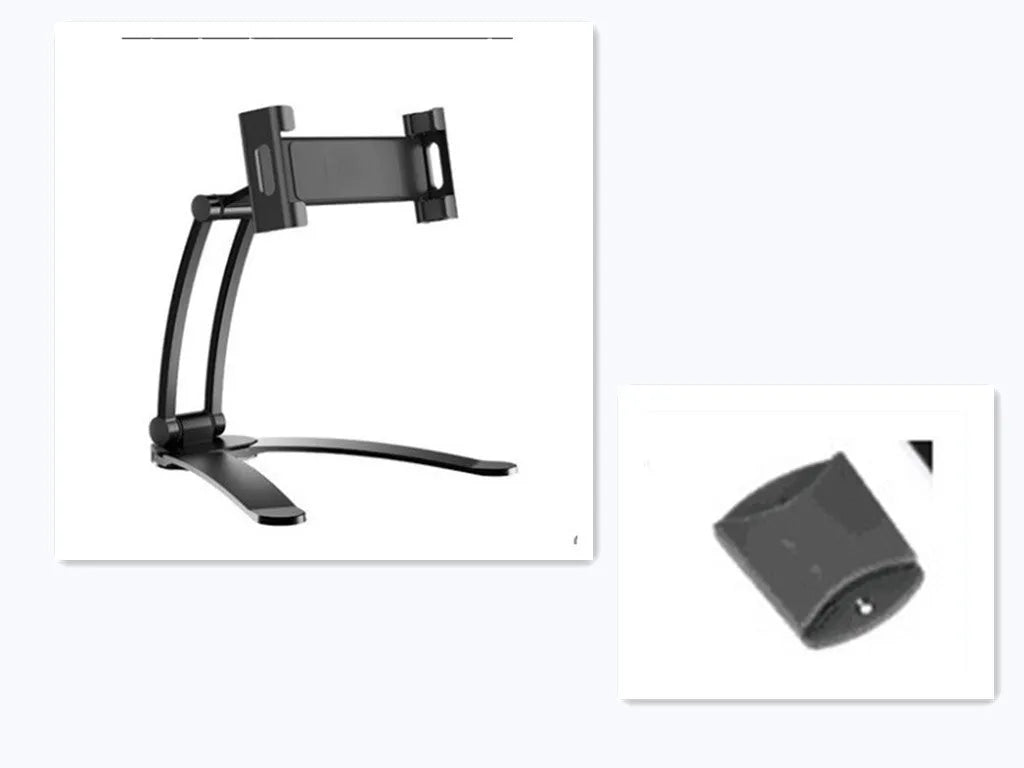 Silver aluminium desktop tablet stand with adjustable angle and folding clamp holding a tablet.