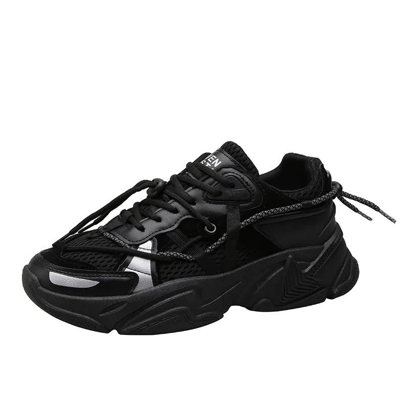 Men's white Korean dad style platform trainers with lace-up front and mesh lining.