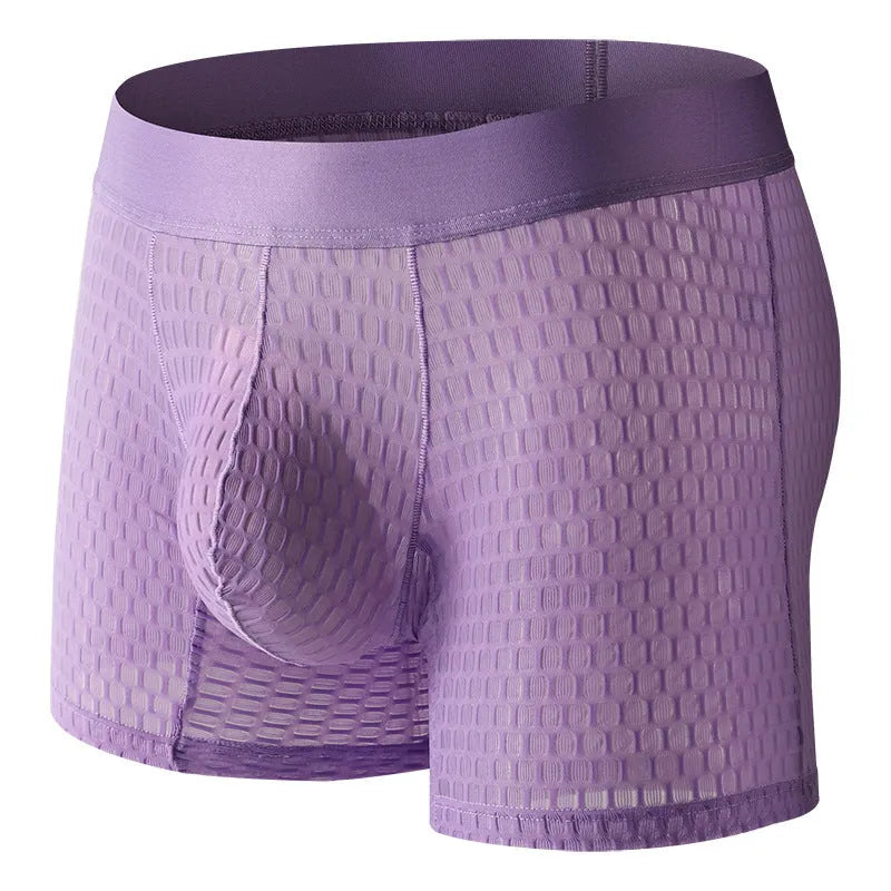 Men's lace mesh boxer shorts in geometric pattern with low waist design in five colour options
