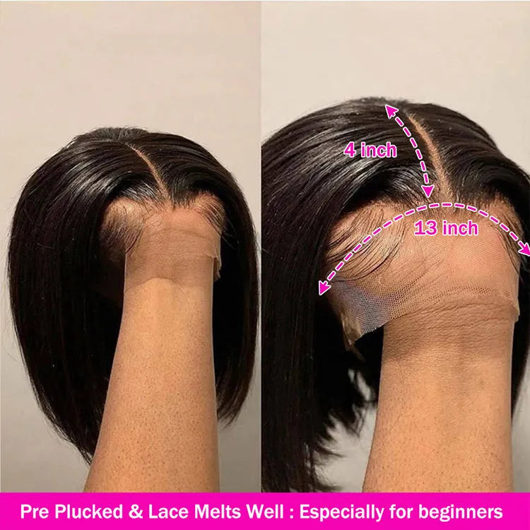 13x4 lace frontal bob straight wig in black, 200% density high temperature silk, lengths 8-16 inches