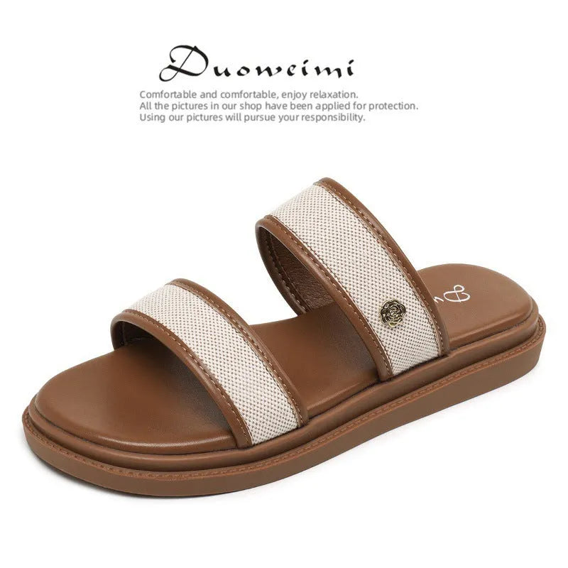 Brown women's vintage style flip-flop slippers with a soft bottom and artificial PU upper.