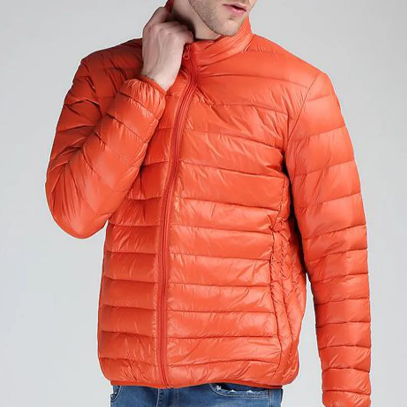 Men's stand collar winter coat in solid colour with zippered pockets, nylon fabric, 65cm length