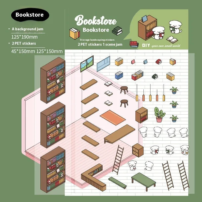 Capabala pre-cut PET cartoon sticker sheet in themes like pink restaurant and green bookstore.