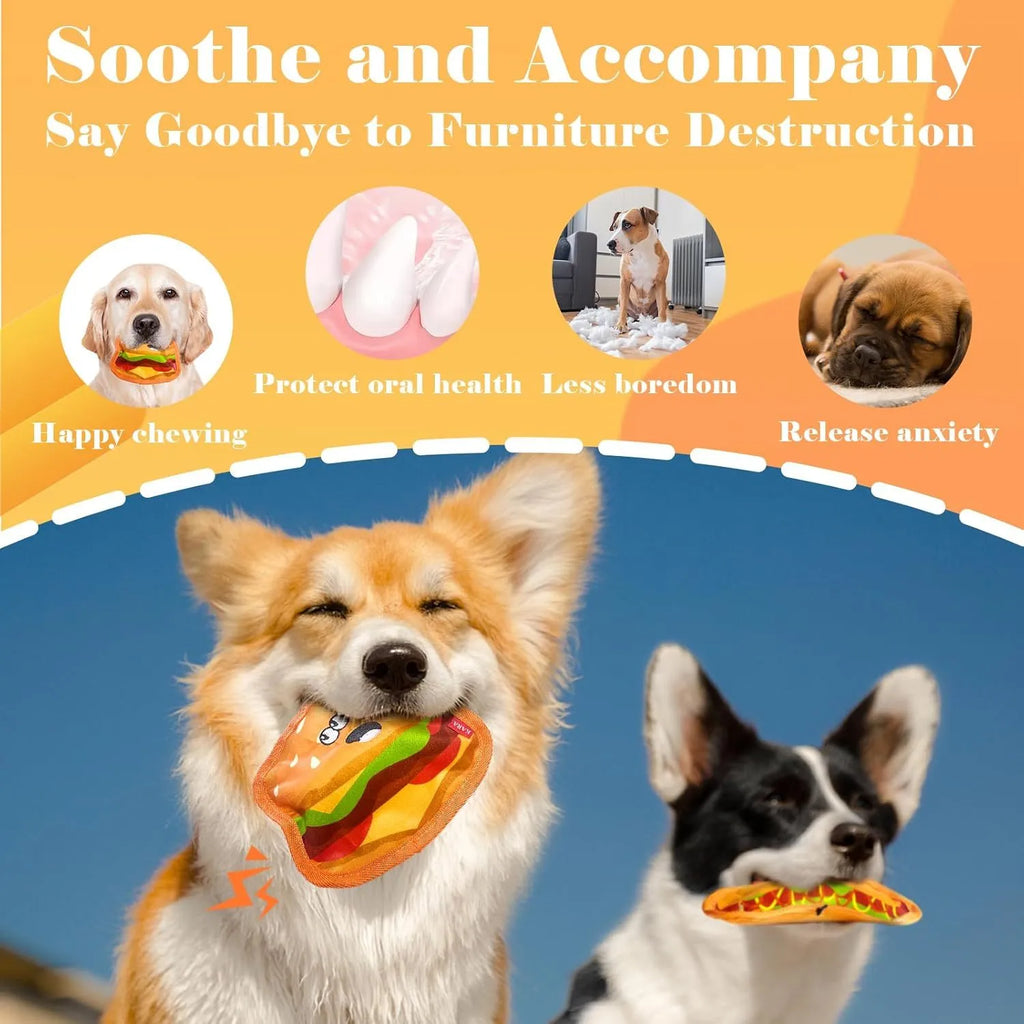 Hamburger shaped crinkle and squeak dog toy with no stuffing for safe interactive play