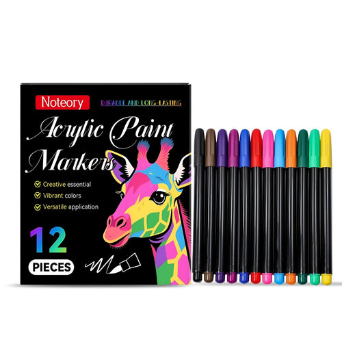 Set of 12 acrylic paint markers with coloured barrels arranged in a row.