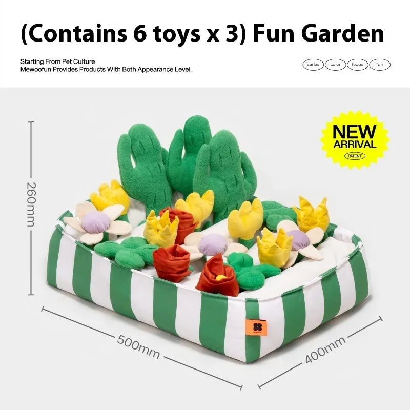 Plastic fabric dog sniffing mat with textured surface for hiding food treats, showing multiple theme design options