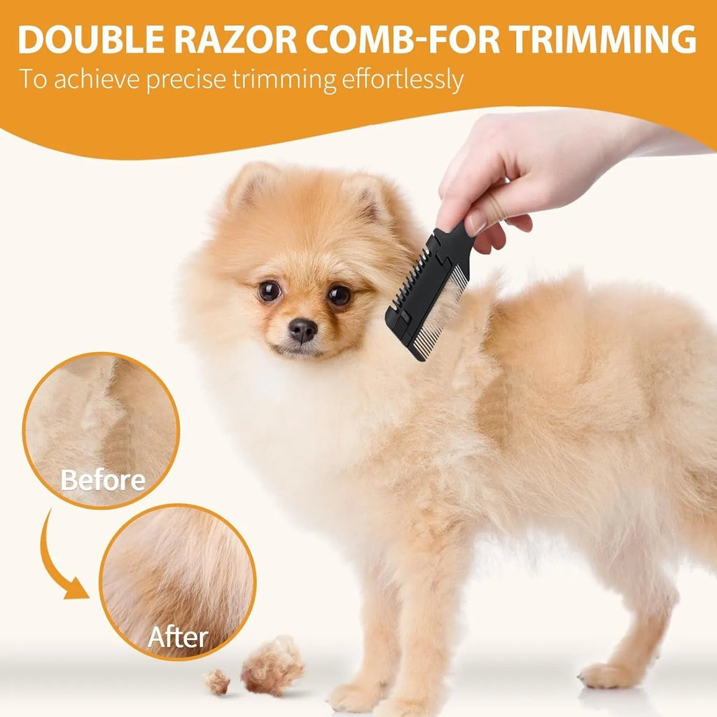 Pet razor comb grooming tool with comb teeth and razor blade, includes ten spare blades.