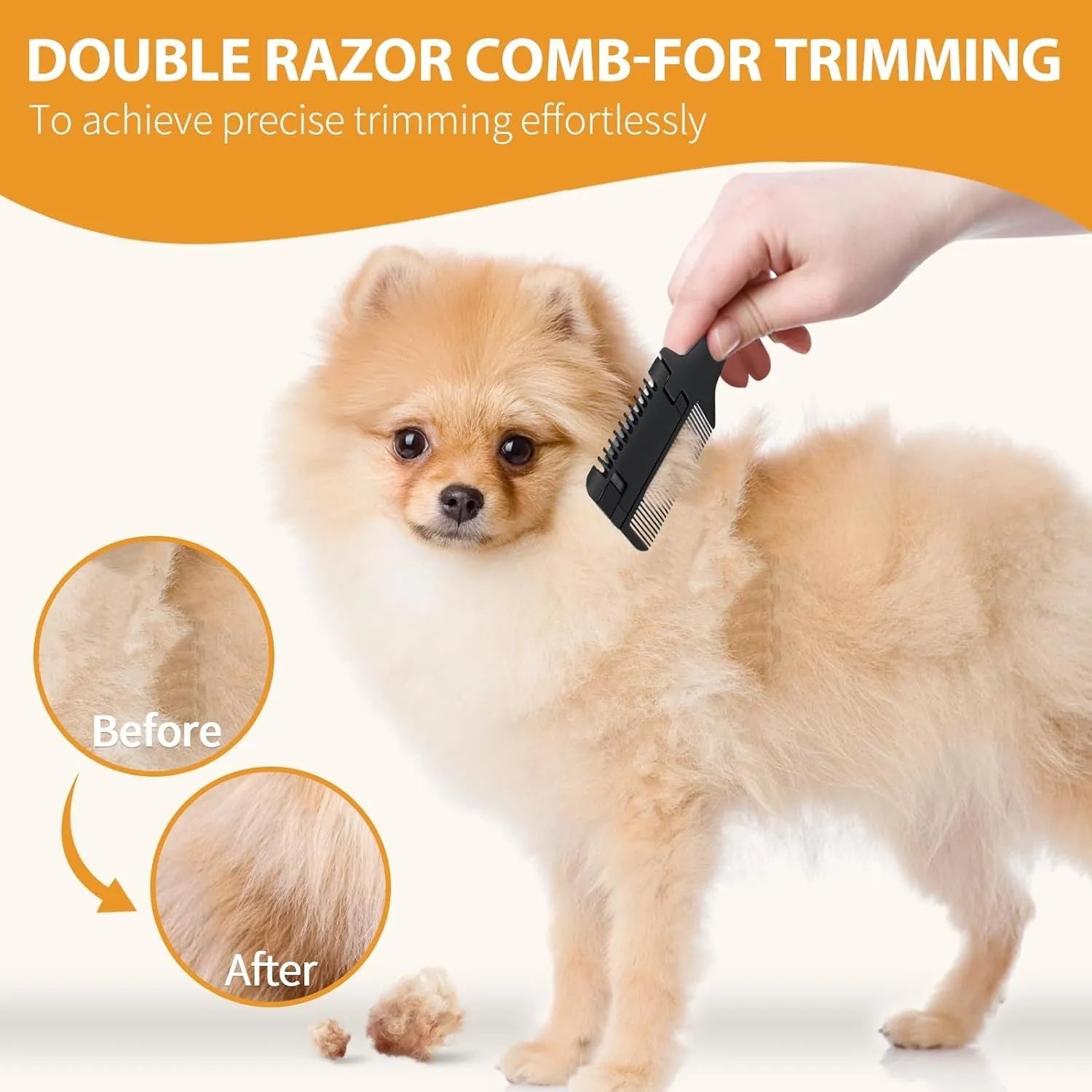 Pet razor comb grooming tool with comb teeth and razor blade, includes ten spare blades.