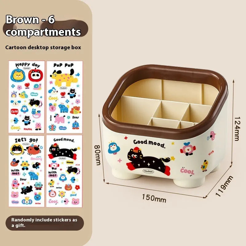 Cartoon-style red and brown plastic desktop storage organiser with 2L capacity and organisation stickers.