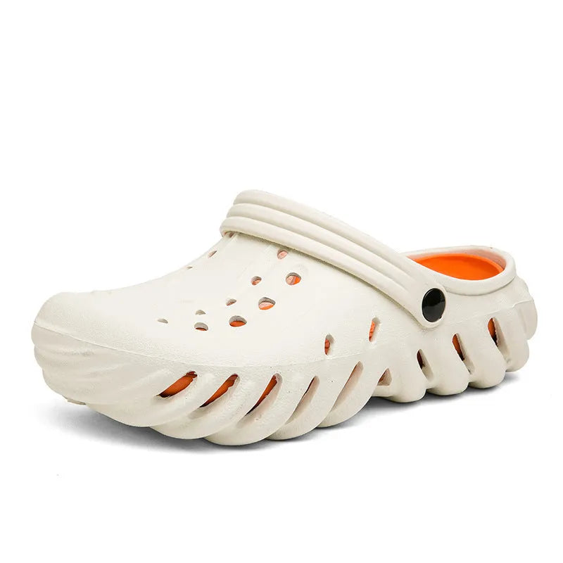 Men's beige EVA slipper sandals with hollow-out design and textured non-slip sole.