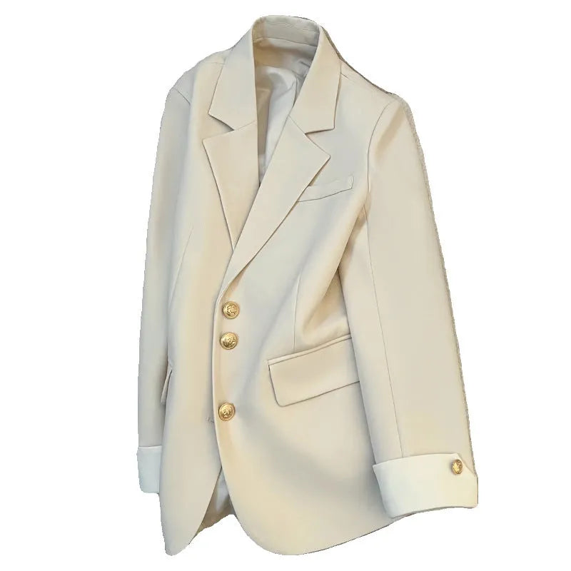 Korean-style loose-fit women's coat in beige and black, showing long sleeves and pockets.