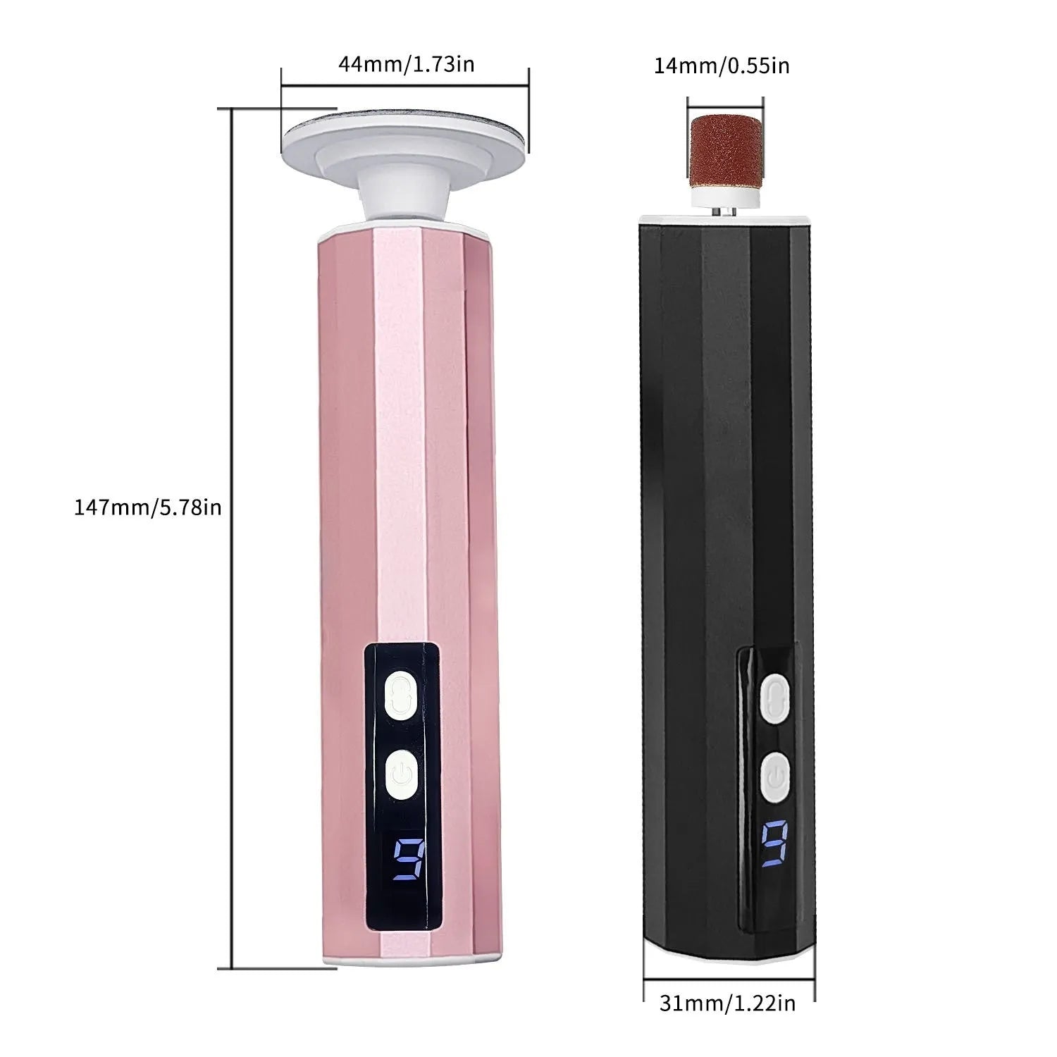 Electric foot callus remover with sandpaper discs in black, pink or purple colour with USB charging cable