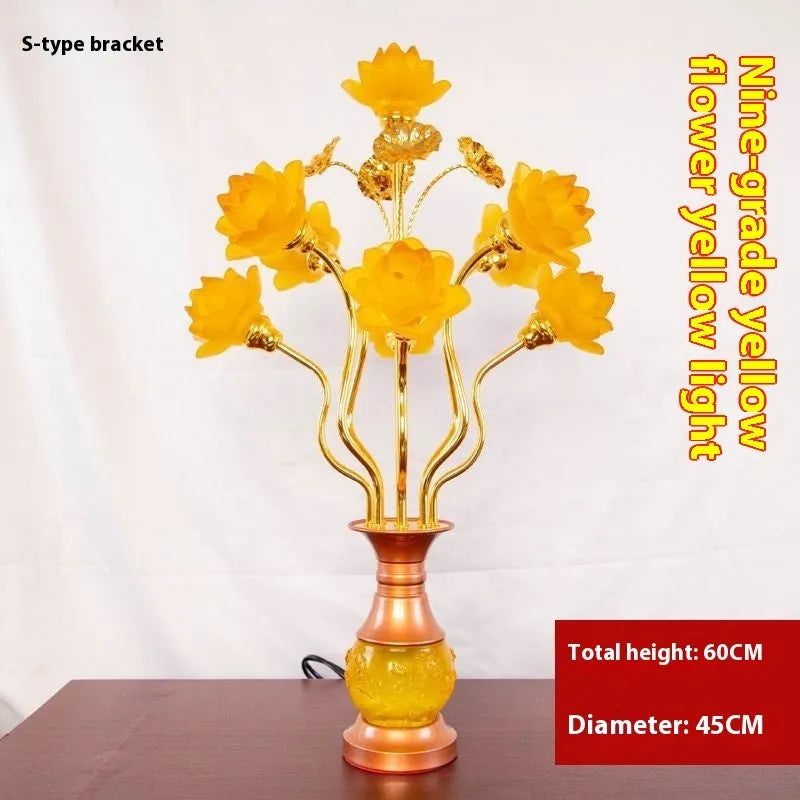 Colored glaze lotus lantern with alloy base, pink floral petals, and LED light for temple worship