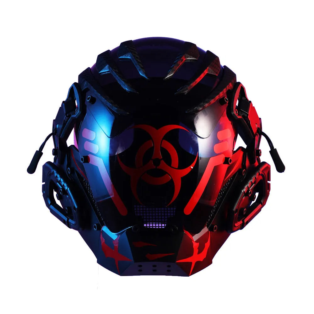 Black full-face cybernetic prop helmet with sci-fi design on a model or stand.