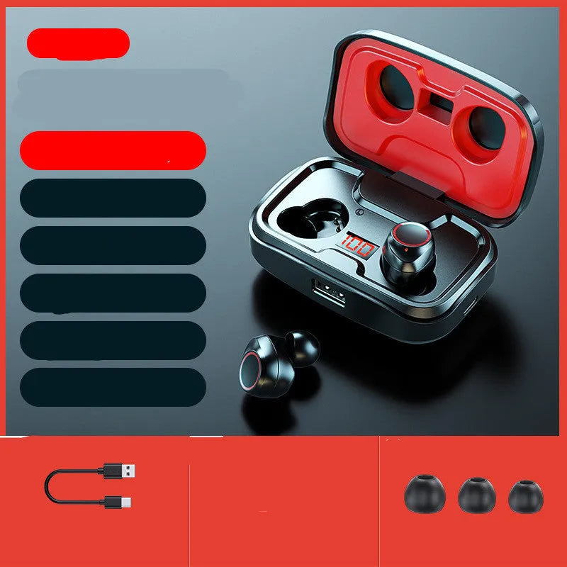 Black wireless Bluetooth in-ear earphones with private mould design on a white background.