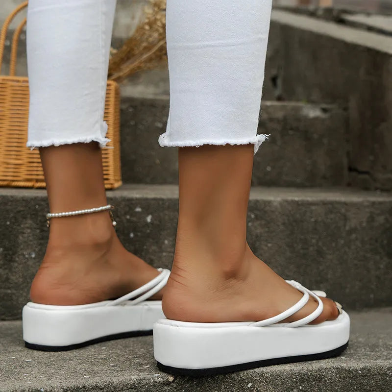 Women's thick bottom flip-flops with herringbone pattern PU upper in multiple colour options