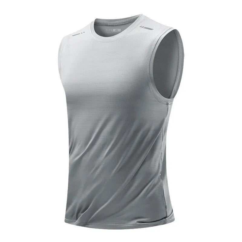Man wearing a loose grey bamboo fibre sleeveless waistcoat with a straight hem.