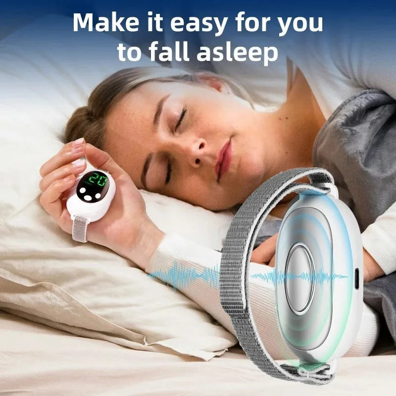 White intelligent sleep aid device with handheld remote control showing adjustable settings