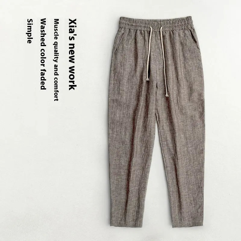 Cotton linen men's summer thin casual cropped pants with striped pattern in khaki colour