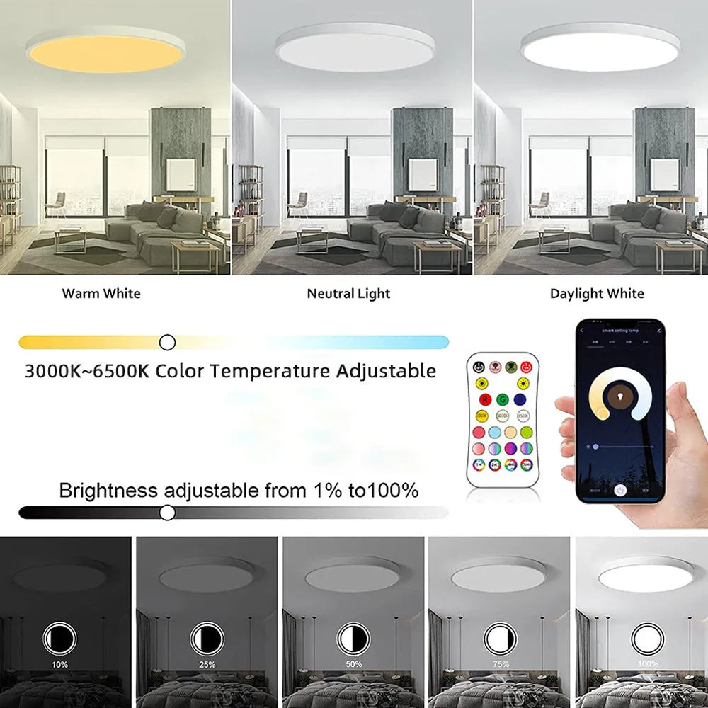 RGBCW intelligent Bluetooth ceiling lamp with full colour dimming in black or white finish
