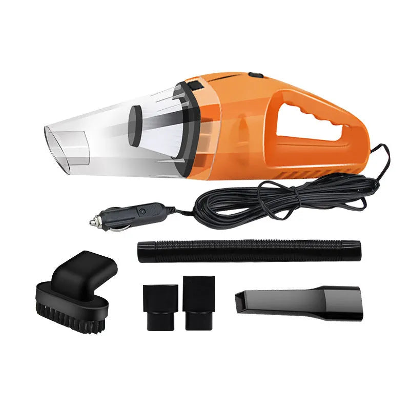 Orange 12V handheld car vacuum cleaner with nozzle attached, showing compact design.