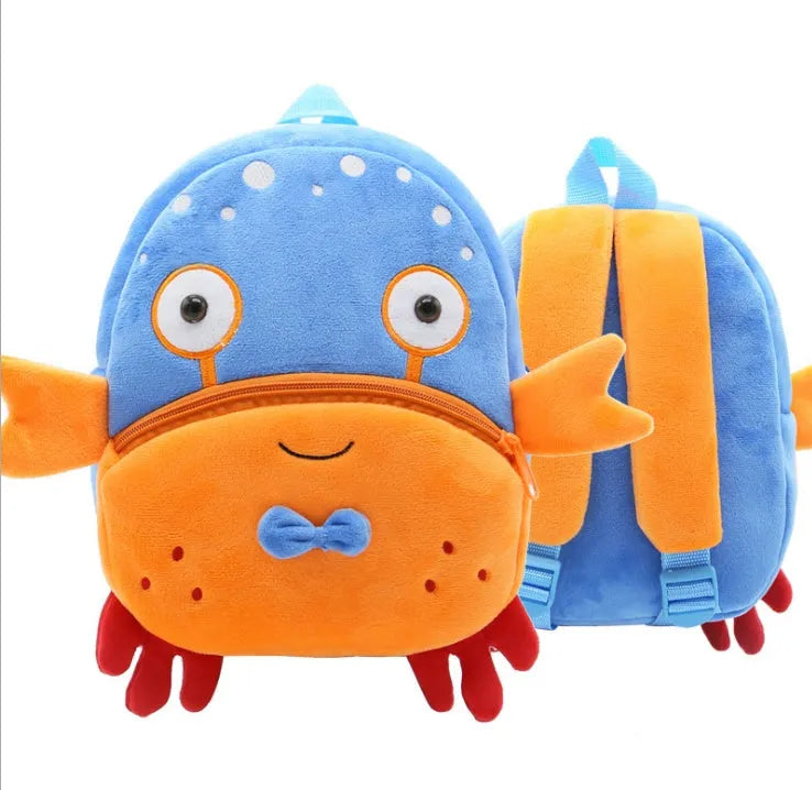 Cute plush animal backpack for children in elephant design, showing front zipper and straps.