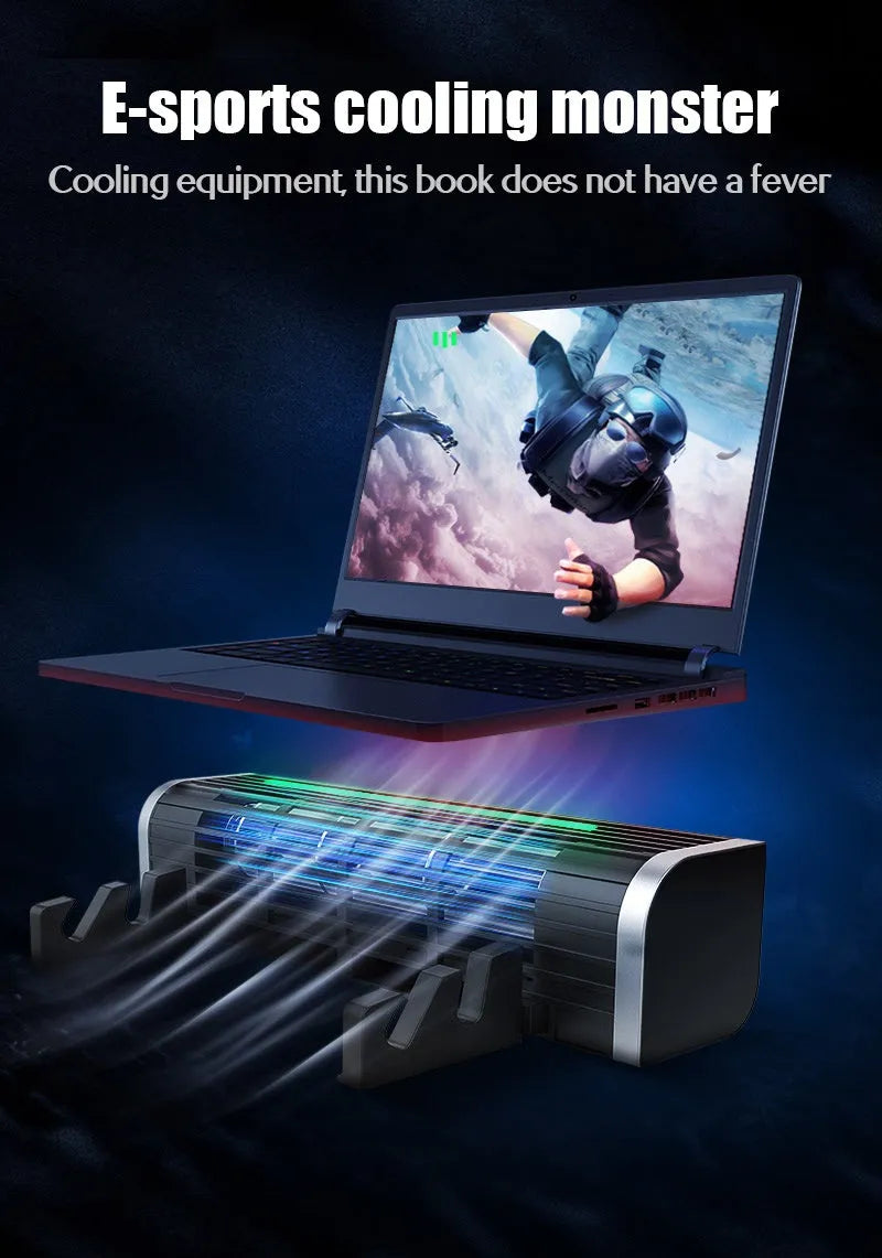 Black notebook cooling pad with USB cable and optional support stand angled for laptop use.