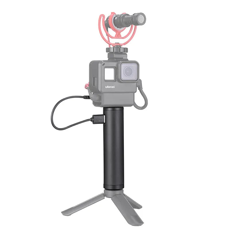 Black aluminium alloy handle-shaped power bank with 6800mAh capacity, shown next to a mobile phone.
