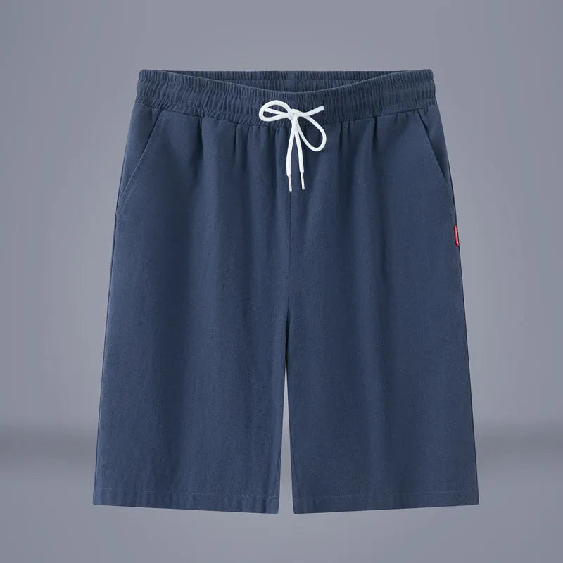 Chinese style solid colour cropped pants in cotton linen fabric on a neutral background.