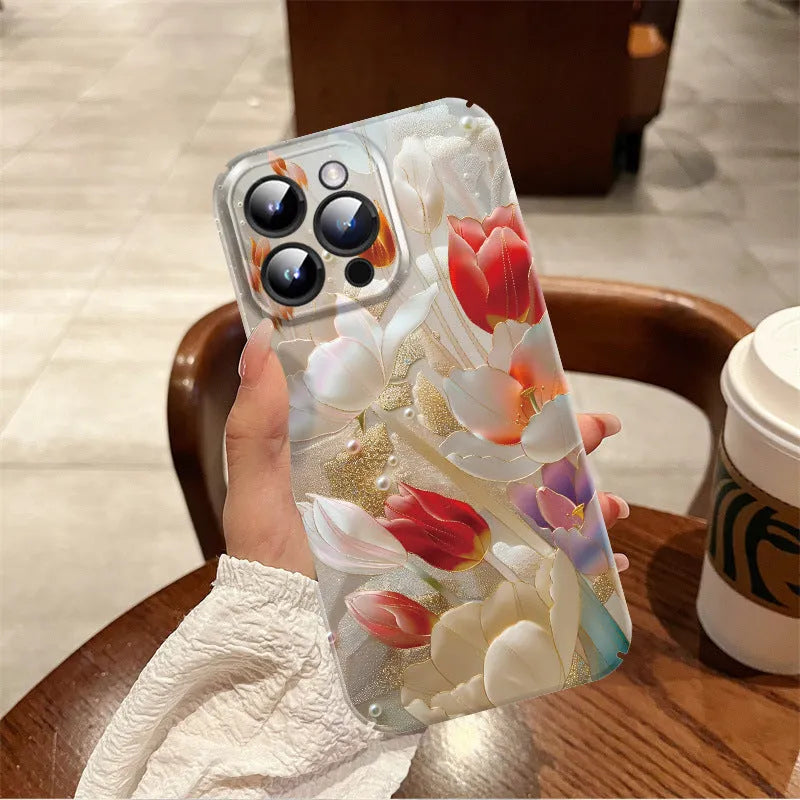 Pearl Flower glass phone case with thin hole film shell for iPhone in shockproof anti-fall design