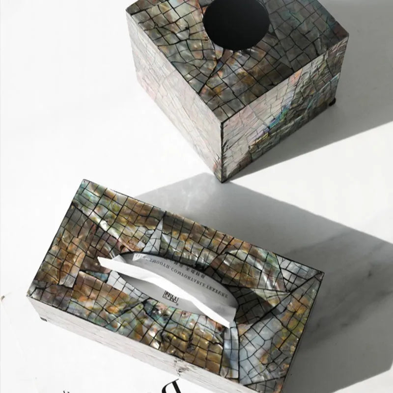 Black natural shell tissue box storage organiser with removable compartment on a coffee table.
