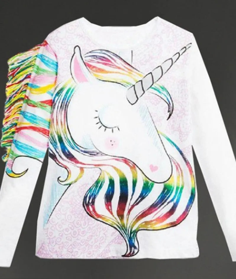 White children's cotton T-shirt with stereo horse hair print and abstract animal cartoon pattern, long sleeve round neck style for boys and girls