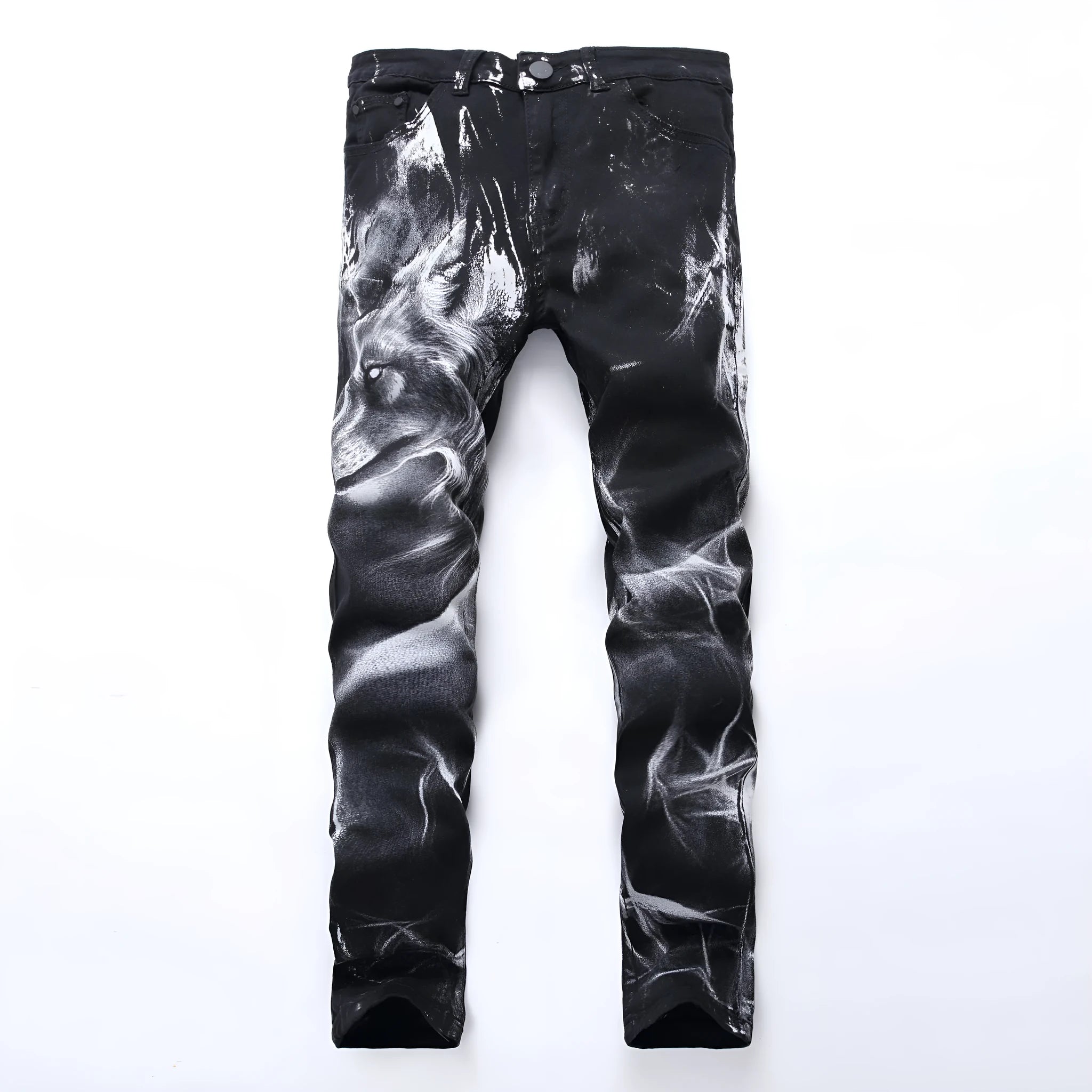 Men's black wolf print jeans with realistic wolf head design on cotton denim fabric