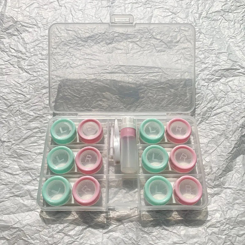 Portable rectangular contact lens case in various colours with a compact design.
