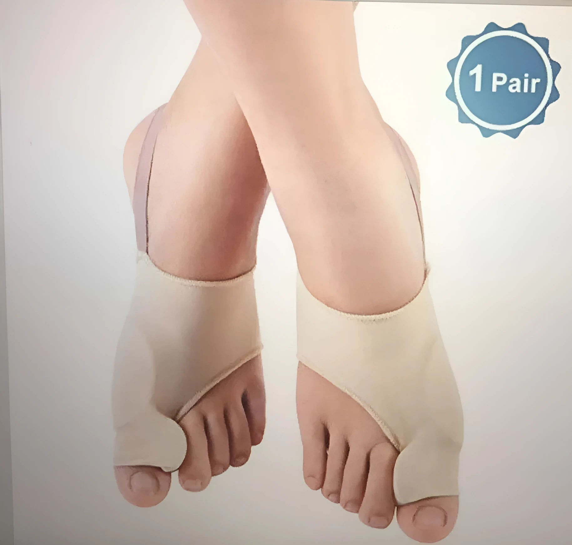 Pair of stretchable corrective socks with a visible gel bunion pad and silicone toe separator.