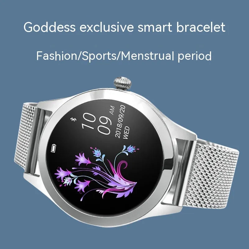 Women's multi-function smartwatch with heart rate monitor on wrist in black, rose gold, silver, or white.
