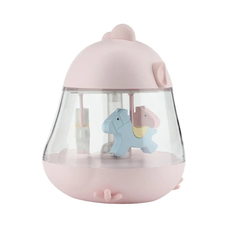 USB carousel music light with rotating Trojan, touch controls, warm yellow and colourful gradient light, in blue pink and yellow options