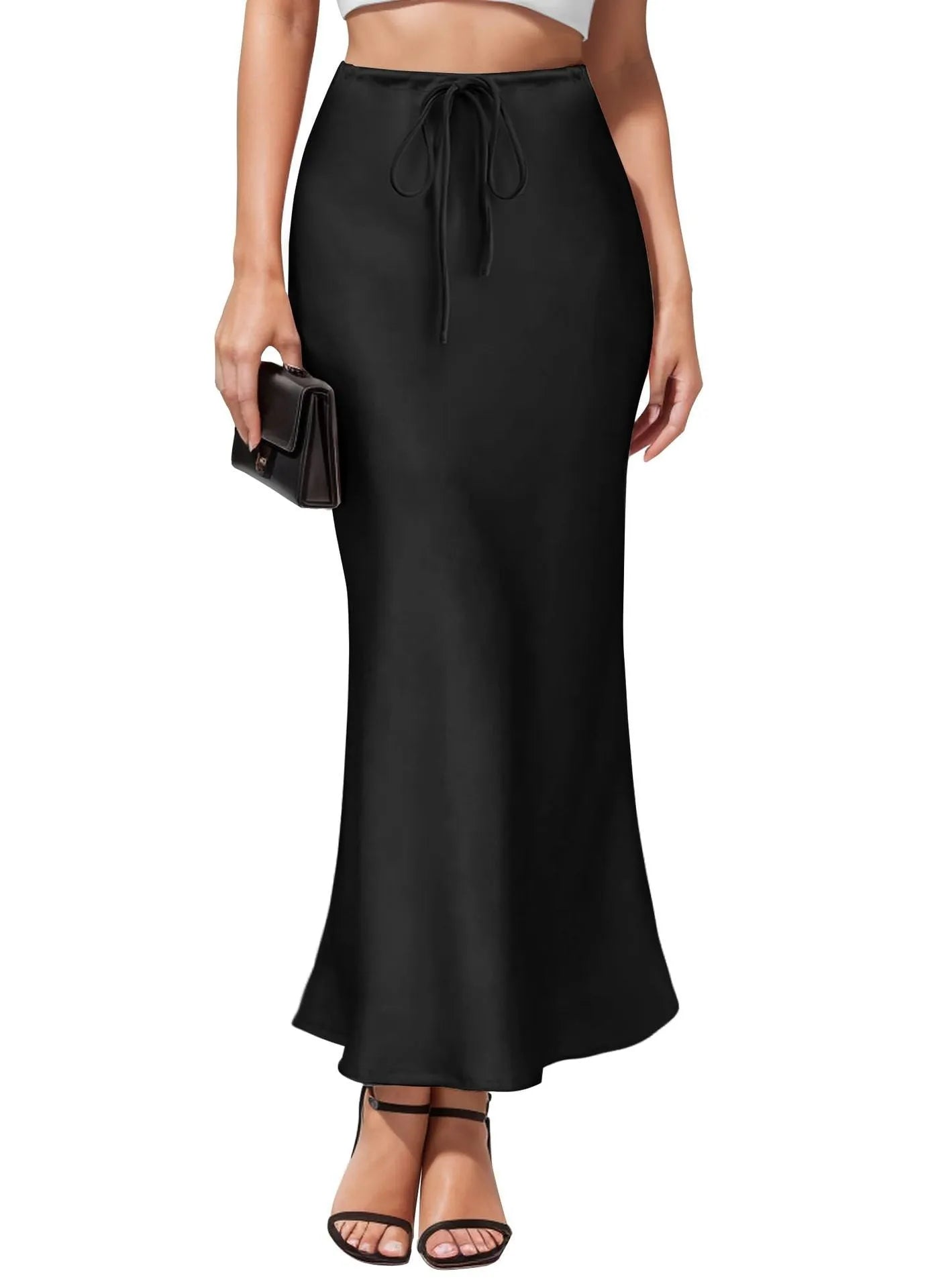 Women's asymmetric acetate satin skirt in a solid colour with high waist and irregular stitching detail.