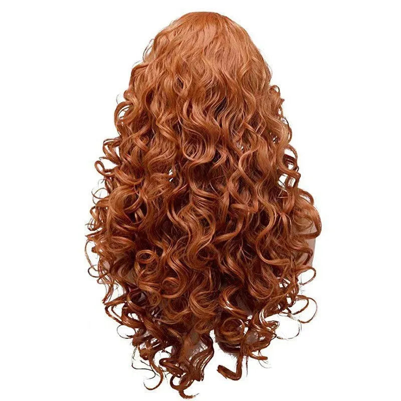 Brown long wavy curly costume wig on display head for Halloween and cosplay